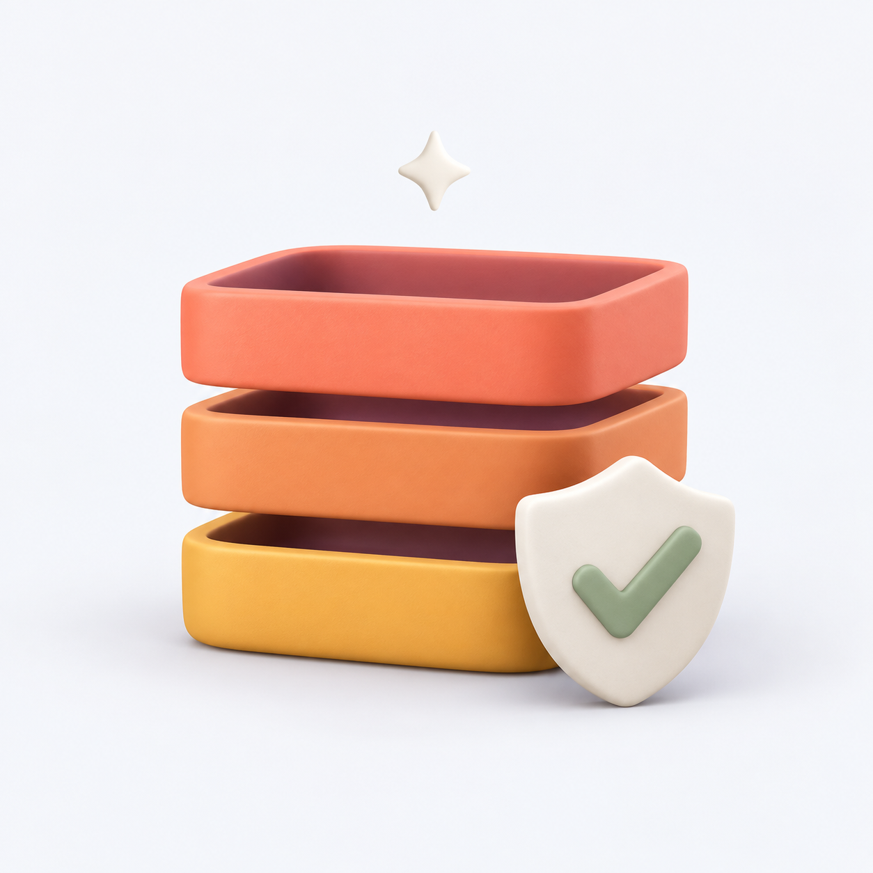 Three warm-colored cache trays beside a shield with a green checkmark